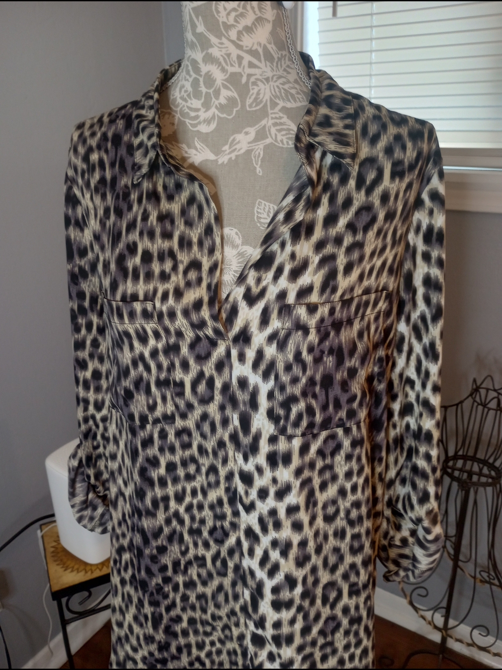 Charming Charlie Leopard Print Button-Front Blouse in Black and Tan